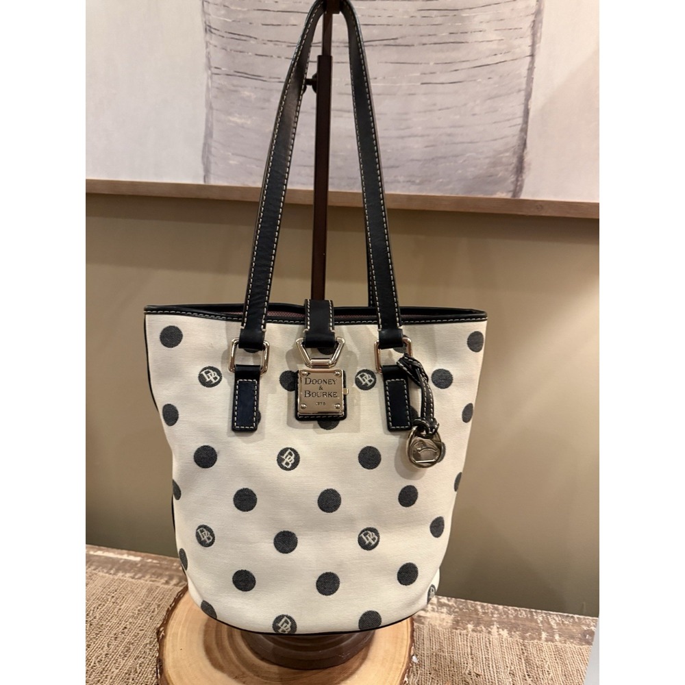 Dooney & Bourke Signature Black & White Logo Polkadot Bucket Bag Purse Preppy